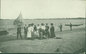 Full-length group portrait of people, standing, facing front, Tenean Beach, Dorchester, Mass., undated