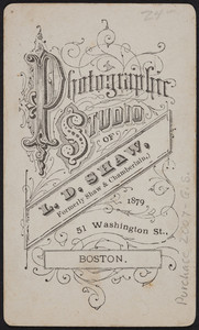 Trade card for the Photographic Studio of L.D. Shaw, 51 Washington Street, Boston, Mass., 1879