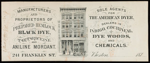 Letterhead for F. Woodman & Co., dyestuffs & chemicals, 241 Franklin Street, Boston, Mass., 1870s