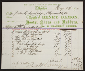 Billhead for Henry Damon, boots, shoes and rubbers, No. 20 Franklin Street, Boston, Mass., dated May 8, 1872