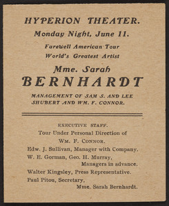 Program for Farewell American Tour, Mme. Sarah Bernhardt, Hyperion Theatre, New Haven, Connecticut, undated