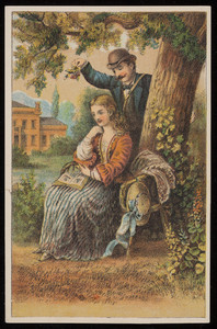 Trade card, man holding flowers over a seated woman with a book, location unknown, undated