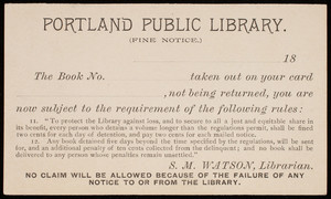 Postcard, fine notice, Portland Public Library, Portland, Maine