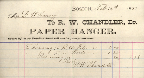 Billhead for R.W. Chandler, Dr., paper hanger, 50 Franklin Street, Boston, Mass., dated February 12, 1881