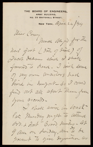 Henry L. Abbot to Thomas Lincoln Casey, April 24, 1894