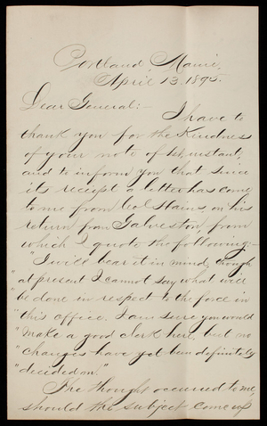 D. [illegible] O'Donoghue to Thomas Lincoln Casey, April 13, 1895
