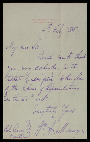 William A. Maury to Thomas Lincoln Casey, February 4, 1885