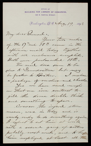 [Bernard. R.] Green to Thomas Lincoln Casey, August 19, 1893