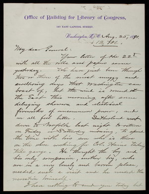 [Bernard R.] Green to Thomas Lincoln Casey, August 25, 1891