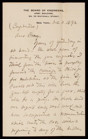Henry L. Abbot to Thomas Lincoln Casey, December 3, 1892
