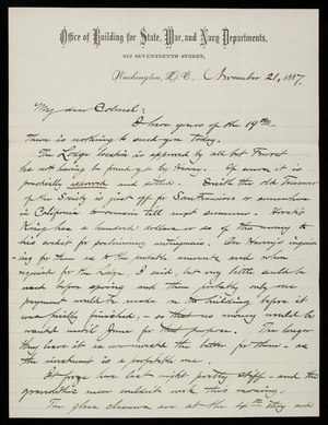 Bernard R. Green to Thomas Lincoln Casey, November 21, 1887