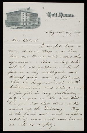 Bernard R. Green to Thomas Lincoln Casey, August 27, 1884