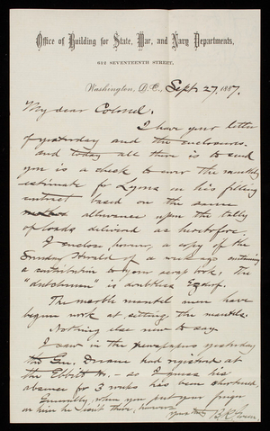 Bernard R. Green to Thomas Lincoln Casey, September 27, 1887
