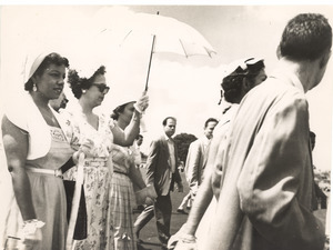 Julia Bond and Marguerite Cartwright meeting Nixon's plane, Accra