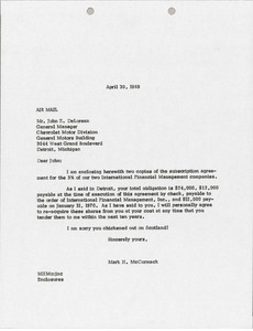 Letter from Mark H. McCormack to John Z. De Lorean