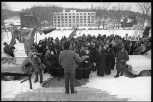 Man addressing a group of antiwar demonstrators protesting the invasion of Laos in front of the Vermont State House