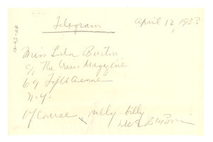 Telegram from W. E. B. Du Bois to Lula Burton