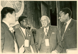 Unidentified delegate, Abdul Hafeez Abou, W. E. B. Du Bois and unidentified delegate at the Afro-Asian Writers Conference in Tashkent