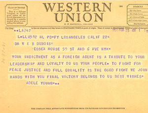 Telegram from Adele Young to W. E. B. Du Bois