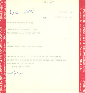 Telegram from unidentified correspondent to Shirley Graham Du Bois