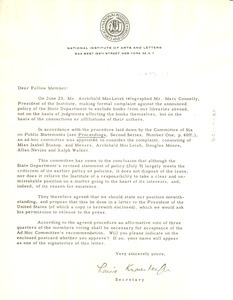 Circular letter from National Institute of Arts and Letters to W. E. B. Du Bois