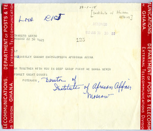Telegram from Institute of African Affairs to Shirley Graham Du Bois
