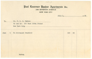 Invoice for rent on W. E. B. Du Bois's apartment