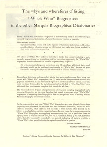 The whys and wherefores of listing 'Who's Who' biographees in the other Marquis biographical dictionaries