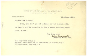 Letter from Winthrop Ames to Mary White Ovington