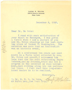 Letter from Lester A. Walton to W. E. B. Du Bois