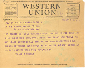 Telegram from Edward C. Mickey to W. E. B. Du Bois