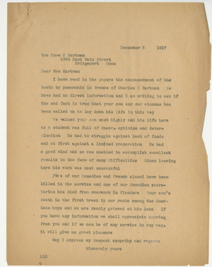 Letter from Laurence L. Doggett to Cora C. Hartman (December 3, 1917)