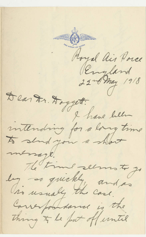 Letter from Duncan A. MacRae to Laurence L. Doggett (May 22, 1918)