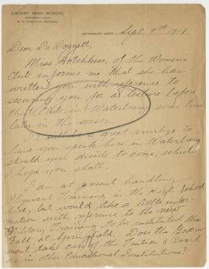 Letter from George H. Taylor to Laurence L. Doggett (September 9, 1918)