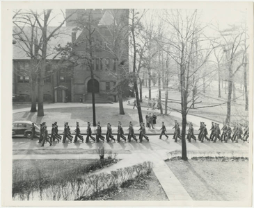 Army Air Corps trainees marching across campus (May 1943)