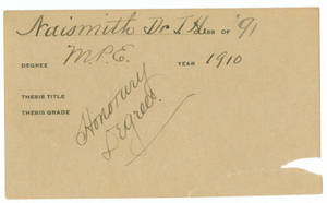 Card stating Dr. James Naismith received an Honorary Degree, 1910