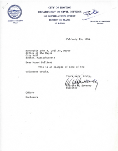 Letter from Director of Civil Defense Charles Sweeny to Mayor John Collins with attached photo