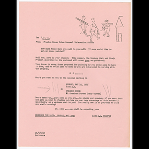 Memorandum from Freedom House about Roxbury Work and Study Project informational meeting on May 10, 1965