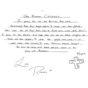 Letter from a student at Canyon Hills Junior High School sent to the City of Boston after the 2013 Boston Marathon bombings (California)