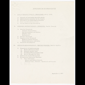 List describing assignments of superintendents and Boston School Committee organizational chart