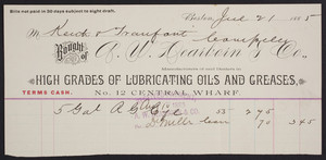 Billhead for A.W. Dearborn & Co., manufacturers and dealers in high grades of lubricating oils and greases, No. 12 Central Wharf, Boston, Mass., dated July 21, 1885