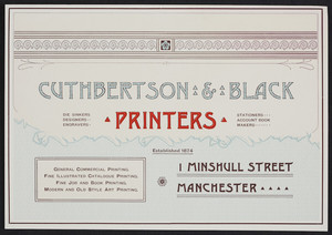 Trade card for Cuthbertson & Black, printers, 1 Minshull Street, Manchester, New Hampshire, undated
