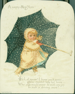 New Year's card, depicting a young girl holding an umbrella in a snowstorm, 1888