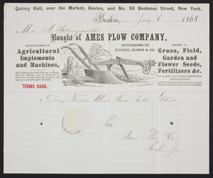 Billhead for Ames Plow Company, agricultural implements and machines, Quincy Hall over the Market, Boston, Mass. and no. 53 Beekman Street, New York, dated July 6, 1868