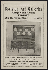 Advertisement for Boylston Art Galleries, antique and artistic furniture, 292 Boylston Street, Boston, Mass., undated