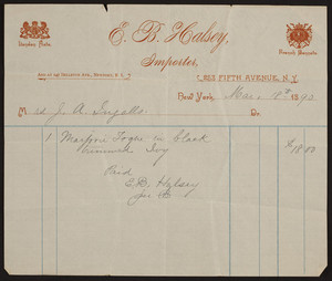 Billhead for E.B. Halsey, importer, 253 Fifth Avenue, New York, New York, dated March 18, 1890