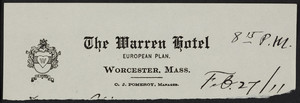 Letterhead for The Warren Hotel, Worcester, Mass., dated February 27, 1911
