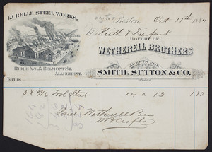 Billhead for Wetherell Brothers, agents, 31 Oliver Street, Boston, Mass., dated October 11, 1884