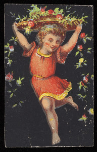 Label, child in tunic carrying a platter of flowers, location unknown, undated