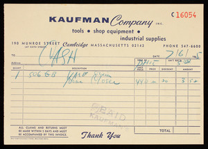 Billhead C16054, Kaufman Company, Inc., tools, shop equipment, industrial supplies, 190 Munroe Street at Sixth Street, Cambridge, Mass.